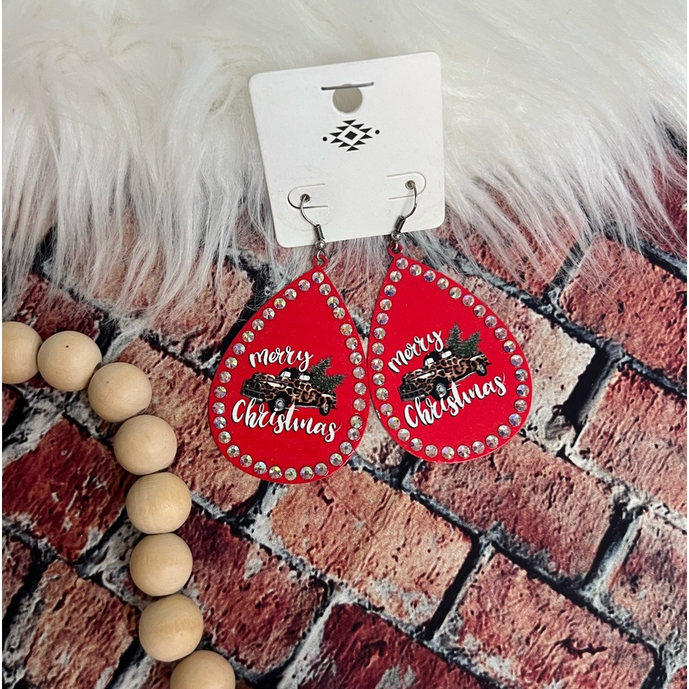 LEOPARD TRUCK 'MERRY CHRISTMAS' RED CRYSTAL TEARDROP EARRINGS